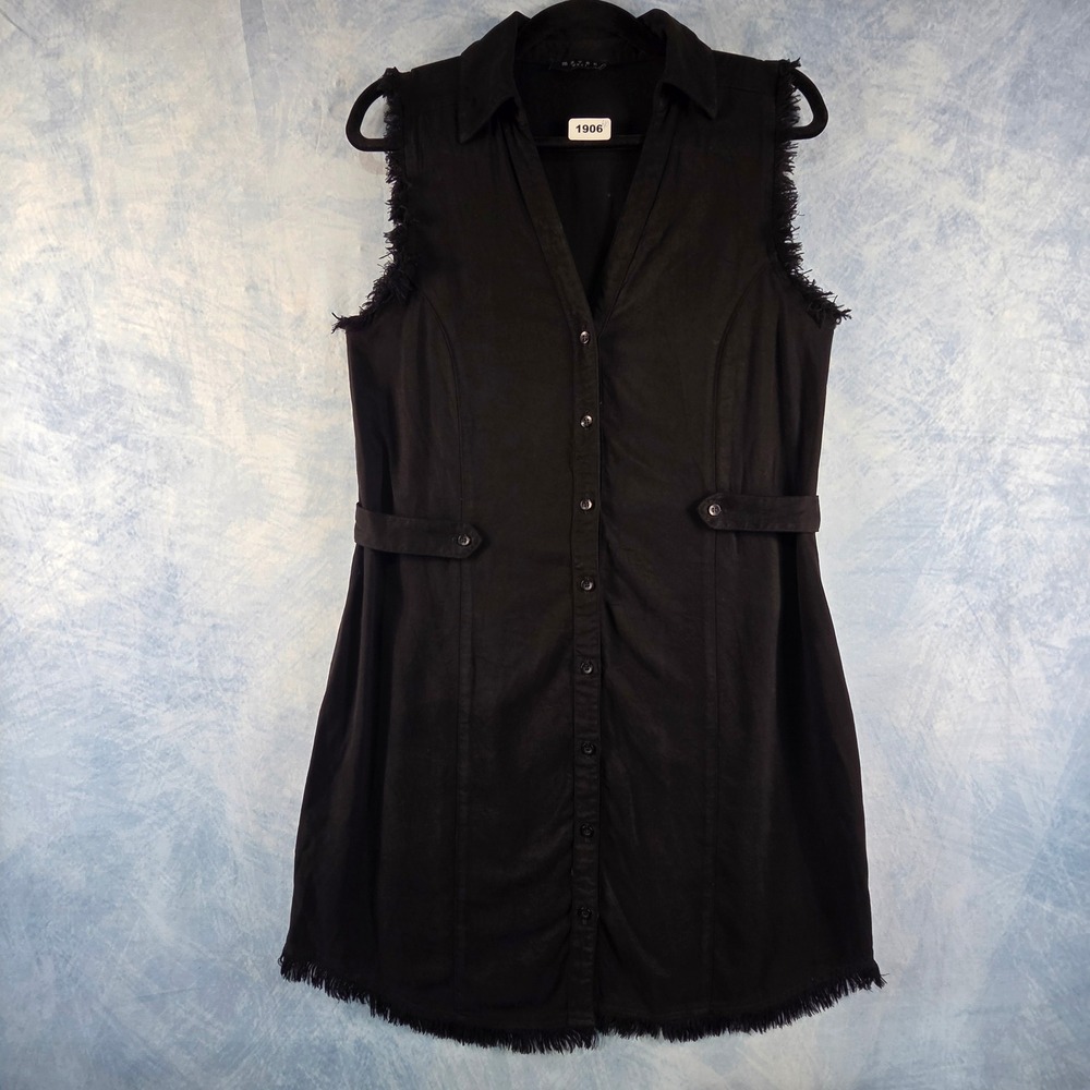 Maven West Womens Black Sleeveless Frayed Button Down Mini Shirt Dress Size S